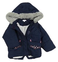 Tmavomodrá šusťáková zimní parka s kočičkami a kapucí s kožešinou Bluezoo