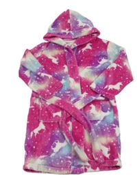 Tmavorůžovo-fialovo-svetlomodrý plyšový župan s jednorožcami a kapucňou