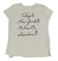 Biele tričko s nápismi a perlami a pecičkami C&A