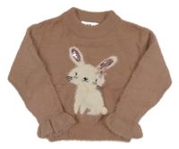 Starorůžový chlupatý svetr se zajíčkem s flitry a volánky C&A