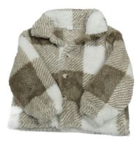 Hnedo-biela kockovaná chlpatá bunda s golierikom SHEIN