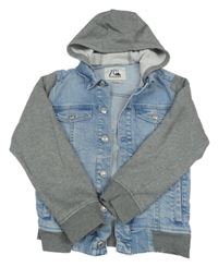 Světlemodrá riflová bunda se šedými teplákovými rukávy a kapucí Quiksilver