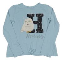 Svetlomodré tričko s Hedwigou - Harry Potter a flitrami a uzlom