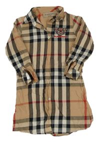 Béžovo-černo-červeno-bílé kostkované propínací košilové šaty s medvídkem BURBERRY