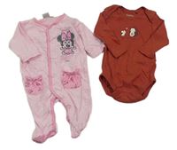 2set - Růžový overal s Minnie + hnědé body s ježkem a myškou