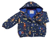 Tmavomodrá kostkovaná šusťáková zateplená bunda s roboty a kapucí Miniclub