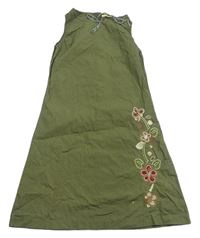 Khaki plátenné šaty s výšivkami květů