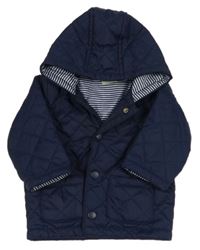 Tmavomodrá šusťáková prošívaná zateplená bunda s logem a kapucí Benetton