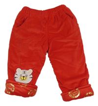 Červené plyšové zateplené teplákové kalhoty s tygrem 