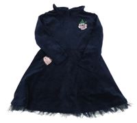 Tmavomodré zamatové šaty s květem