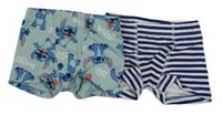 2x boxerky - bílo-tmavomodré pruhované + zelené se Stitchem H&M