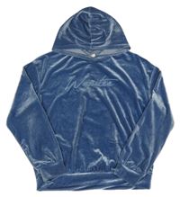 Modrá zamatová mikina s nápisom a kapucňou shein