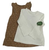 2set - bílé vzorované triko + hnědé květované manšestrové šaty C&A