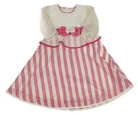 Bielo-ružové rebrované pruhované šaty s mašlou