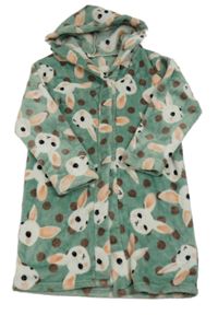 Zelený bodkovaná ý plyšový župan s králíčky a kapucňou