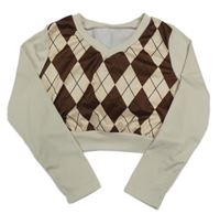 Béžovo-hnedá károvaná rebrovaná crop mikina
