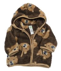 Hnědá chlupatá propínací mikina s medvědy a kapucí 