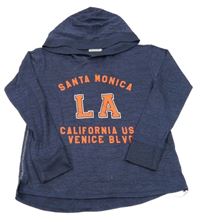 Tmavomodrý melírovaný pletený sveter s nápismi a kapucňou H&M