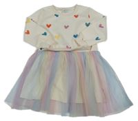 Smetanovo-farebné teplákové šaty so srdiečkami a tylovou sukní Shein