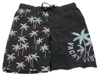 Čierno-modro-ružové plážové kraťasy s palmami H&M