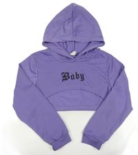 Fialová crop mikina s nápisom a kapucňou Shein
