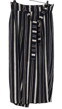 Dámské tmavomodro-červeno-bílé pruhované culottes kalhoty s páskem Zara 