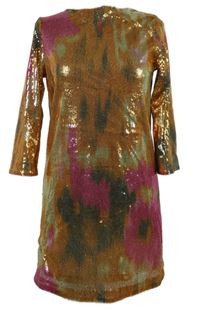 Dámské oranžovo-růžové vzorované flitrové koktejlové šaty H&M