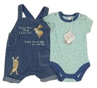 2set- modré riflové laclové kraťasy s králíčky+ modré body s obrázky TU