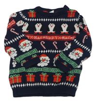 Tmavomodro-červeno-zelený pruhovaný sveter s obrázkami H&M