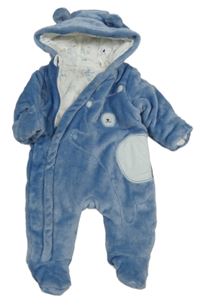 Modrá chlupatá zateplená kombinéza s medvědem a kapucí Mothercare