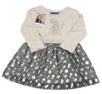 Nové - Ružovo-sivé bavlněno/tylové šaty s Elsou Disney