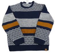 Tmavomodro-bielo-hrdzavý vzorovaný sveter Charanga