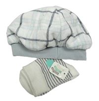 2set - bielo-sivo-svetlomodrá kockovaná zamatová čepice + ponožky