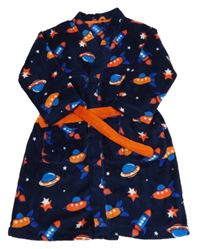 Tmavomodrý chlupatý župan s planetami a kapucí M&S