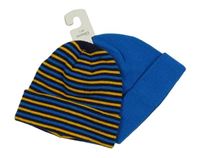 Nové - 2x čepice - modrá + tmavomodro-modro-žlutá pruhovaná čepice Dunnes