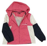 Ružovo-bielo-čierna šušťáková jarná bunda s nápisom a kapucňou