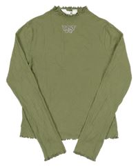 Khaki rebrované crop tričko s motýlom H&M