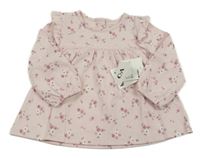 Nové - Svetloružové bavlnené šaty s kvietkami a čipkou C&A