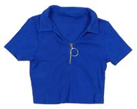 Modré rebrované crop tričko s golierikom Select