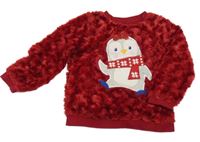 Červená chlpatá mikina s tučňákem M&Co