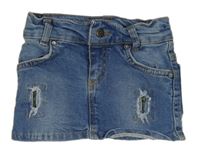 Modrá rifľová sukňa s kamienkami a vyšúchaním