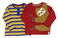 2x - Modro-žluté pruhované + červené triko s lenochodem 