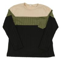 Černo-broskvovo-khaki rebrovaný ľahký sveter s vreckom