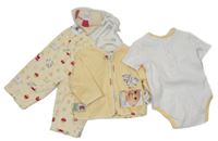 Nové - 5set - Žlutá mikina + tepláky s kravičkami + body + čepice + ponožky 