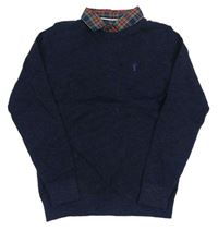 Tmavomodrý melírovaný sveter s výšivkou a všitou košilí Next