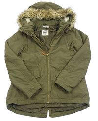 Khaki šusťáková zimní parka s odepínací kapucí s kožešinou H&M