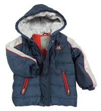 Tmavomodro-světlešedá prošívaná šusťáková zimní bunda s míčem a pruhy a kapucí KANZ