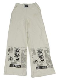 Smetanové široké tepláky s potiskem novin Bermini