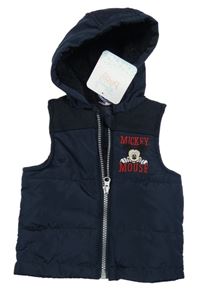 Tmavomodrá prošívaná šusťáková zateplená vesta s Mickey a vzorem a kapucí Disney
