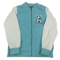 Modrozeleno-bílý šusťákový jarní bomber s písmenkem KIABI